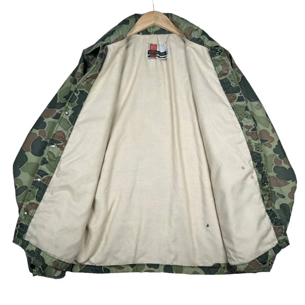 Vintage 80s Citation Jacket Camo Lined Snap Front Nylon - Men Large Green